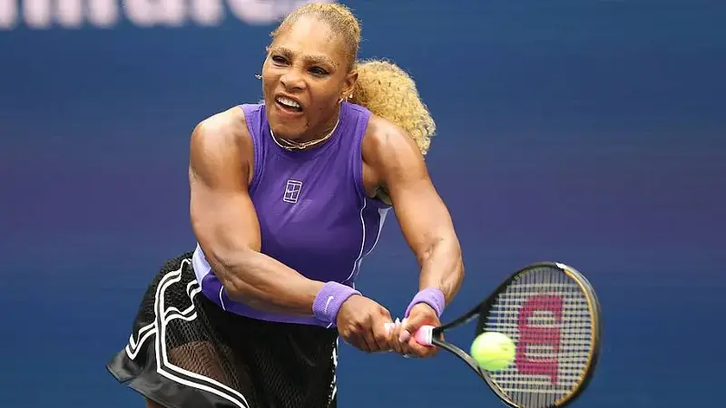 Serena Williams hits the ball during a mixed doubles match at the 2026 U.S. Open.