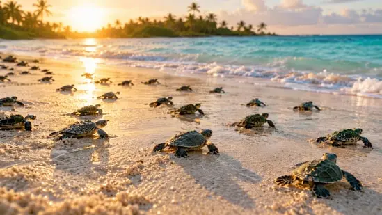 Green sea turtle hatchlings make their way across the sand toward the ocean.