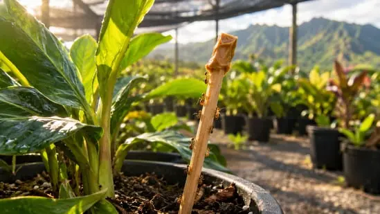 A peanut-butter-coated chopstick sits in a potted plant, the kind of bait check described in a 2003 review of little fire ant control.