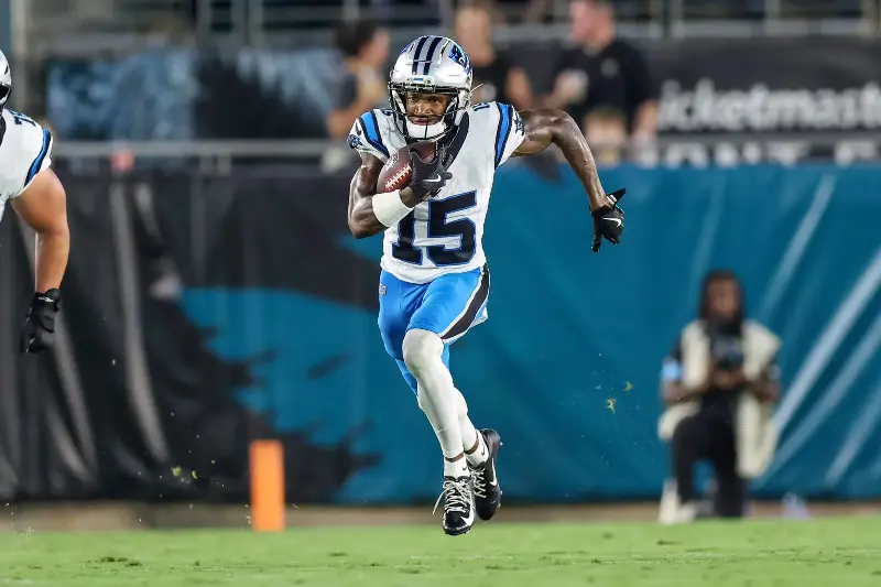 Jimmy Horn Jr. #15 of the Carolina Panthers runs against the Jacksonville Jaguars during the first half of the preseason game at EverBank Field on August 21, 2026 in Jacksonville, Florida. (Photo by Mike Carlson/Getty Images)