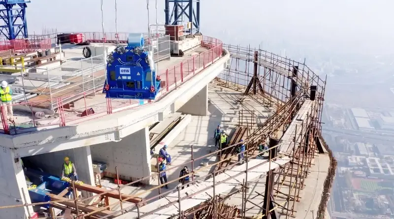 A view of the construction site near the top of the Goldin Finance 117 tower.
