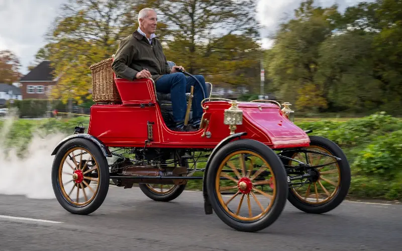Green with his Stanley Steamer car, in which he will take part in the London to Brighton Vintage Car run - Andrew Crowley