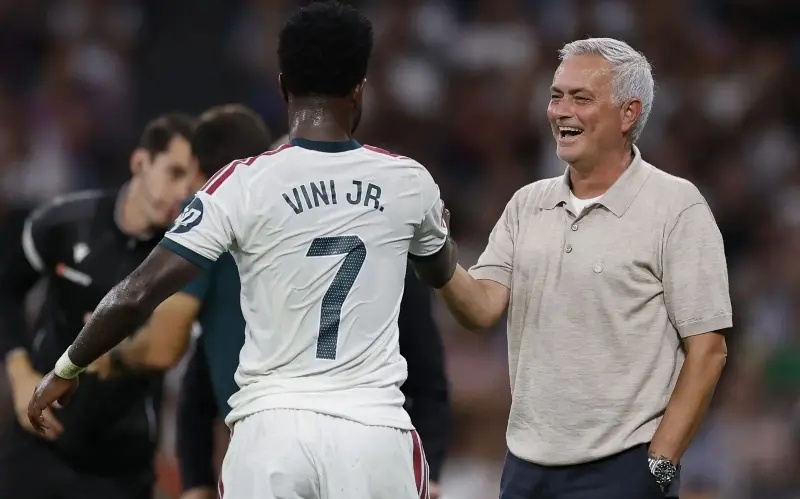 Vinicius Junior and Mourinho were all smiles at full time - Antonio Villalba/Getty Images