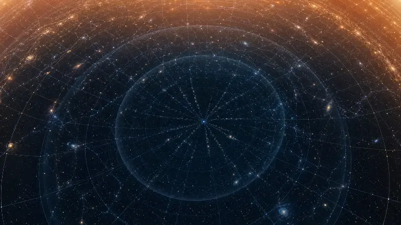 Conceptual view of ancient light crossing expanding space through nested shells of galaxies