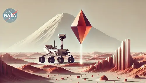 Arte digital minimalista del rover Curiosity descubriendo siderita en Marte con fondo blanco.