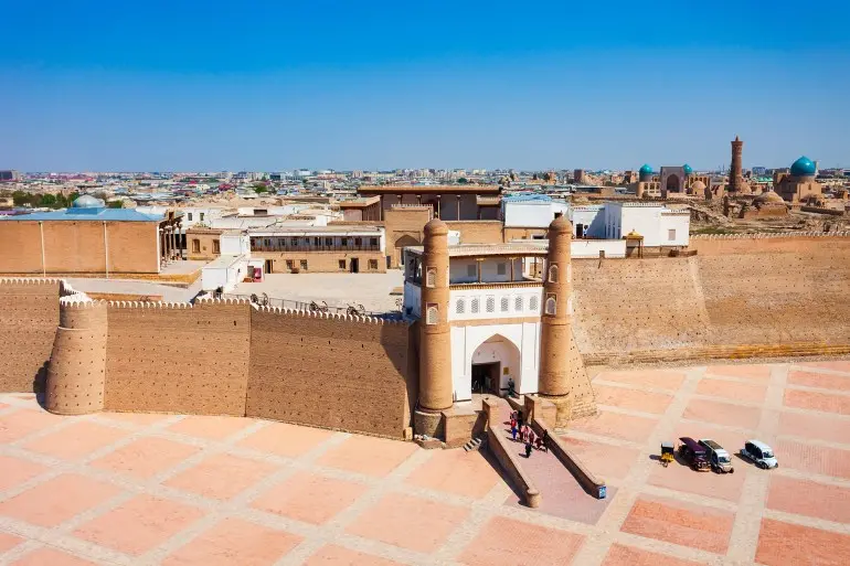 Entrance gate of the Ark of Bukhara aerial panoramic view, an ancient massive fortress located in Bukhara city, Uzbekistan; Shutterstock ID 2220041899; purchase_order: aj; job: ; client: ; other: