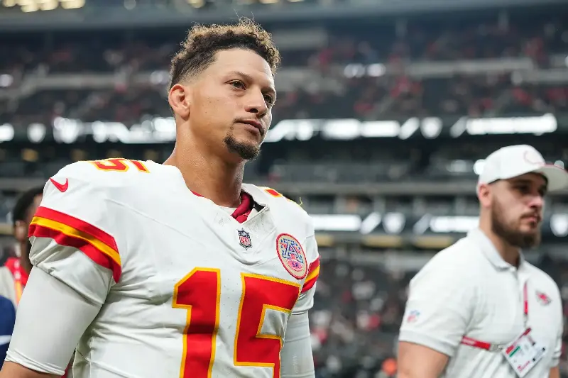 Patrick Mahomes #15 of the Kansas City Chiefs reacts against the Las Vegas Raiders after the game at Allegiant Stadium on October 04, 2026 in Las Vegas, Nevada. (Photo by Chris Unger/Getty Images)