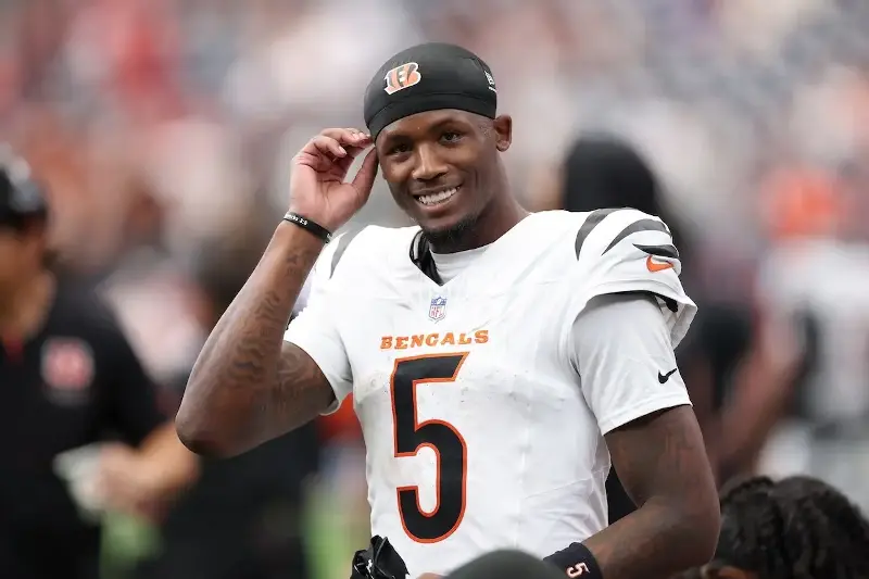 Tee Higgins #5 of the Cincinnati Bengals reacts in the second half against the Houston Texans at Reliant Stadium on September 20, 2026, in Houston, Texas. (Photo by Tim Warner/Getty Images)