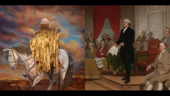 (Above left) Shadows of Liberty, a 2016 work by Titus Kaphar. (Above right) Washington as Statesman at the Constitutional Convention, a 1856 work by Junius Brutus Stearns. (Virginia Museum of Fine Arts)