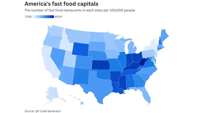 Map of fast food restaurant density in each U.S. state