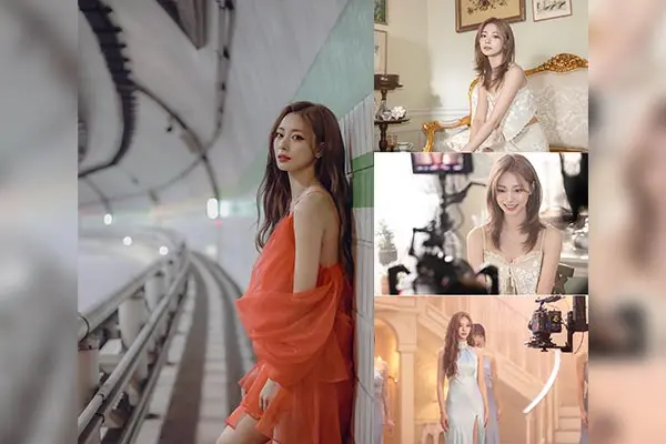 Tzuyu in an elegant red dress poses in a subway tunnel, with three smaller images of her in various outfits including a light blue gown and a sparkling white dress set in different locations.