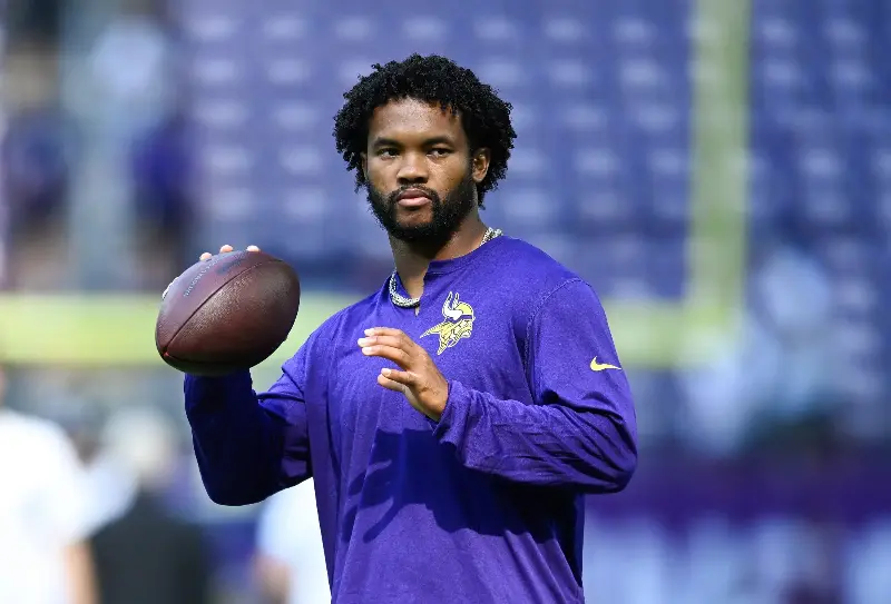 Kyler Murray #1 of the Minnesota Vikings warms up before the preseason game against the Baltimore Ravens at U.S. Bank Stadium on August 22, 2026, in Minneapolis, Minnesota. (Photo by Stephen Maturen/Getty Images)