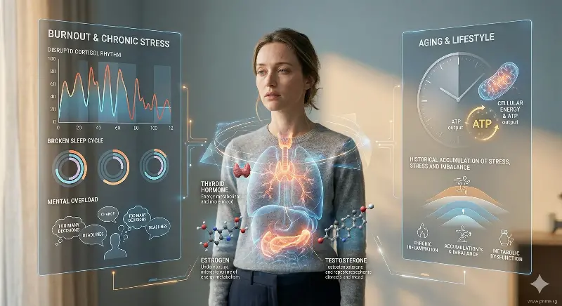 Medical infographic showing burnout, hormonal changes and ageing as causes of persistent fatigue.