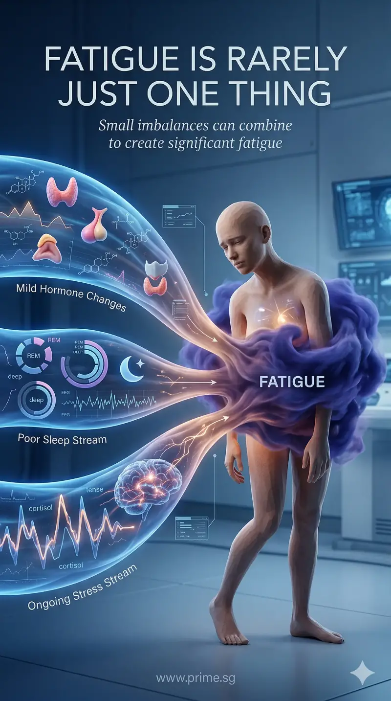 Health poster showing fatigue caused by multiple factors including stress, poor sleep and hormone changes.