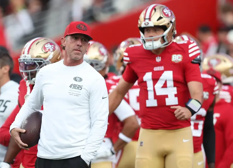 Head coach Kyle Shanahan of the San Francisco 49ers looks on prior to the game against the Washington Commanders at Levi's Stadium on October 19, 2026, in Santa Clara, California. (Photo by Lachlan Cunningham/Getty Images)