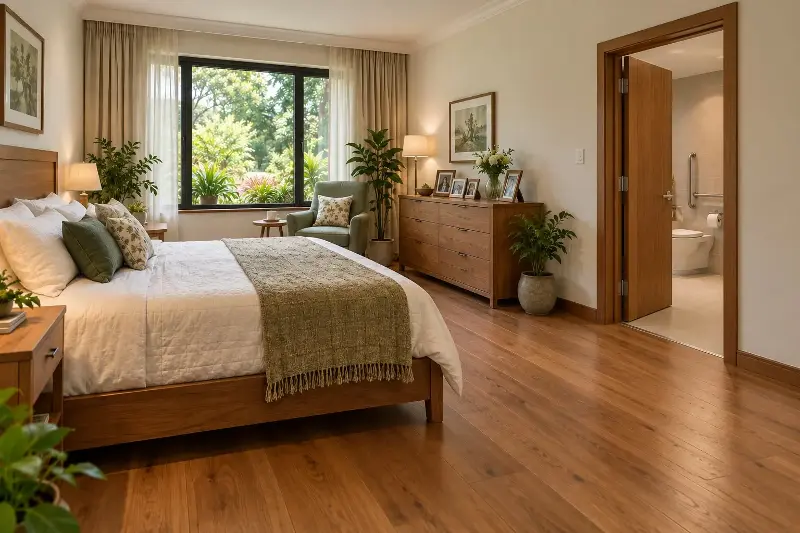 Bathroom should be attached and close to the bed. 