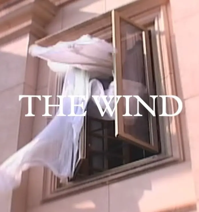A sheer white fabric billows out of an open window, with the words 'THE WIND' prominently displayed in the foreground.