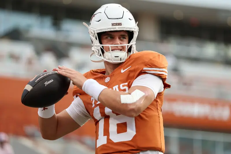 Arch Manning #16 of the Texas Longhorns warms up before the game against the UTSA Roadrunners at Darrell K Royal-Texas Memorial Stadium on September 19, 2026, in Austin, Texas. (Photo by Tim Warner/Getty Images)