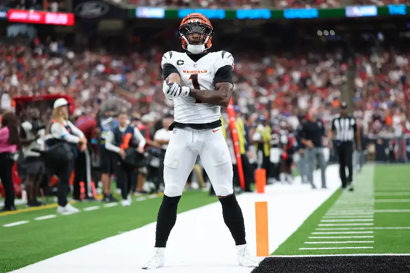 Ja'marr Chase #1 of the Cincinnati Bengals celebrates after scoring a touchdown against the Houston Texans during the second quarter of the game at NRG Stadium on September 20, 2026 in Houston, Texas. (Photo by Tim Warner/Getty Images)