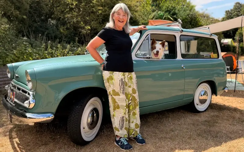 Kate Willock with her Hillman 1962 Series 2 Husky, which she and her husband found on eBay