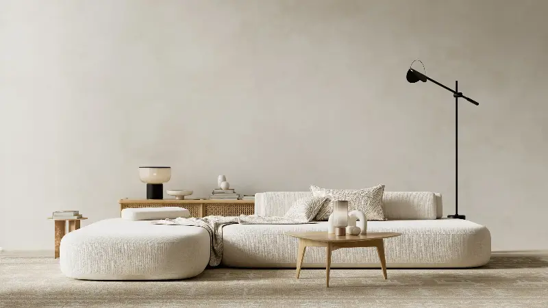 Scandinavian living room interior with a clean empty wall, neutral tones and natural wood furniture creating a bright minimal negative space scene for modern interior design use. 3D illustration