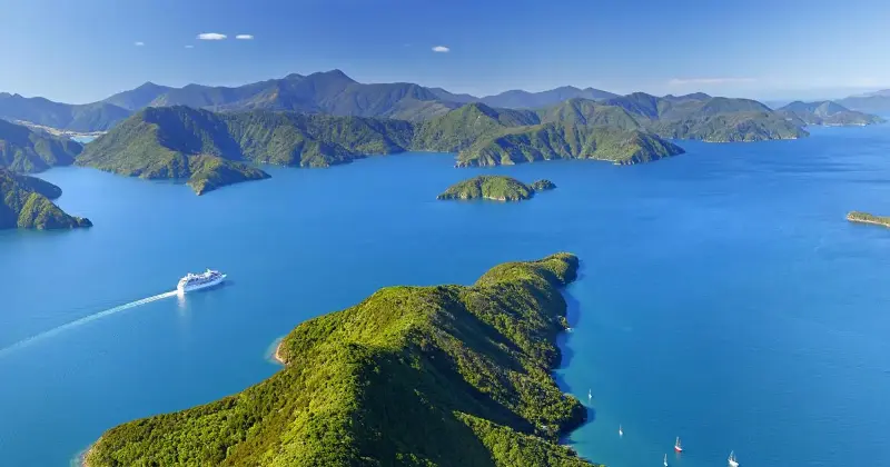 The Marlborough Sounds form a breathtaking network of ancient, sea-drowned river valleys at the northern tip of New Zealand's South Island. (Photo courtesy of Tourism New Zealand)