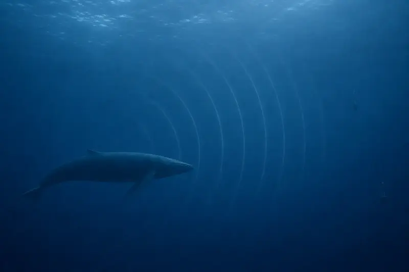 A generic baleen whale in the open ocean with subtle acoustic waves travelling toward distant hydrophones