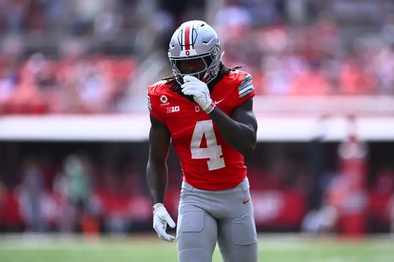 Jeremiah Smith #4 of the Ohio State Buckeyes lines up prior to a play during the first quarter of a game against the Kent State Golden Flashes at Ohio Stadium on September 19, 2026 in Columbus, Ohio. (Photo by Ben Jackson/Getty Images)