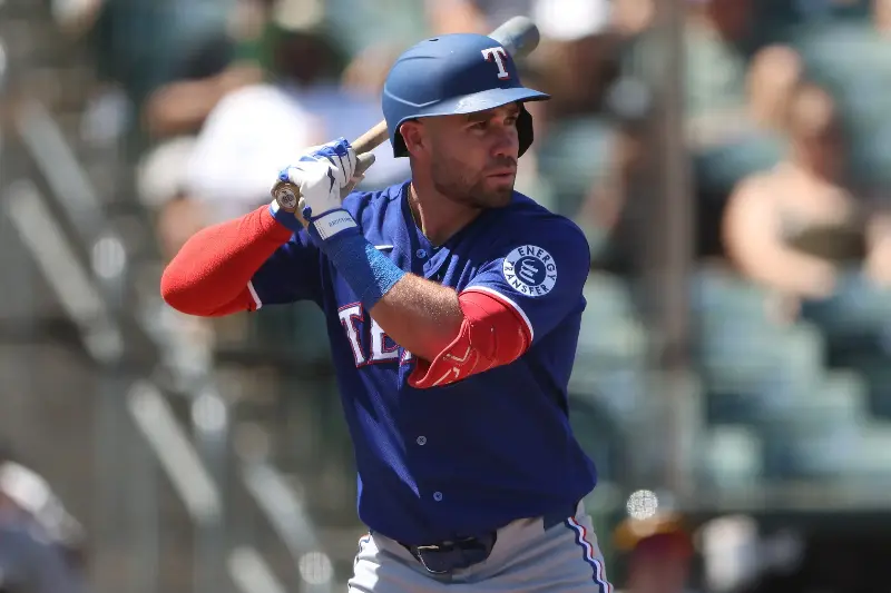 Austin Wynns #38 of the Texas Rangers bats during the fourth inning against the Athletics at Sutter Health Park on August 16, 2026 in Sacramento, California. (Photo by Scott Marshall/Getty Images)