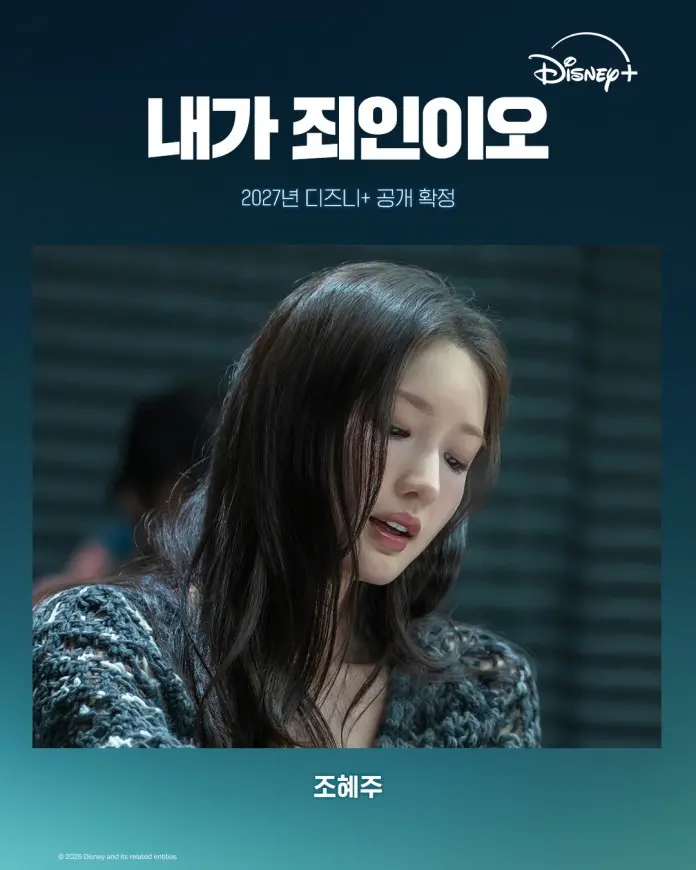 A close-up of Cho Hye-joo with long, dark hair, looking down thoughtfully. She is wearing a knitted sweater and appears to be in a pensive mood, with a softly blurred background.