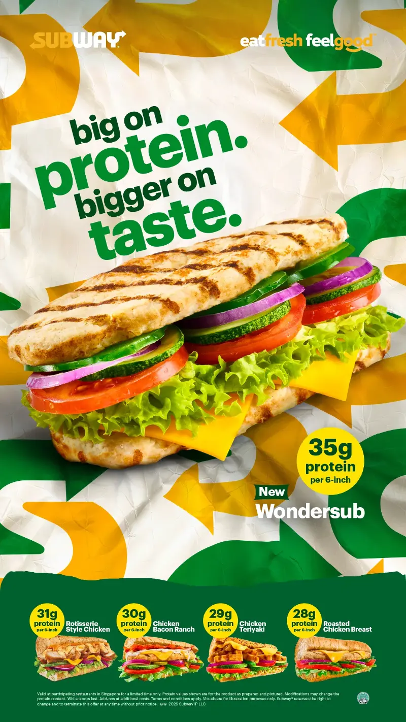 Wondersub sandwich with chicken, lettuce, tomato, cucumber and red onion on a bed of yellow cheese, with protein callouts for four sandwich variants shown below