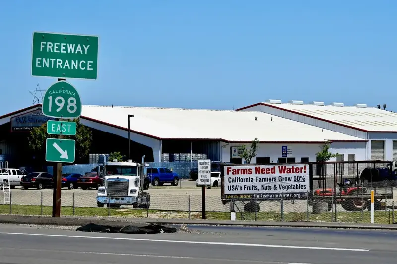 A motorway sign pictured in Kings County, California, in May 2025, advocating for the importance of water to California farms.