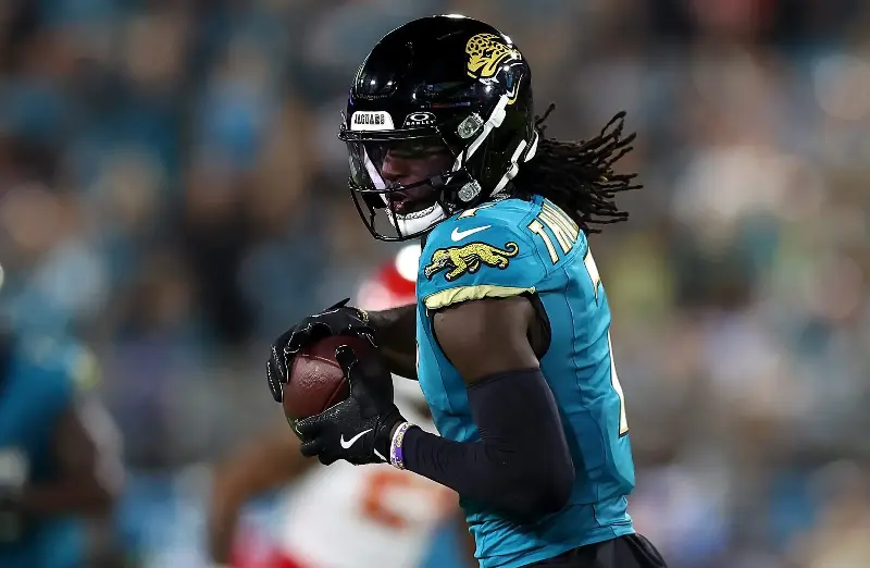 Brian Thomas Jr. #7 of the Jacksonville Jaguars runs the ball after a catch against the Kansas City Chiefs during the first half at EverBank Stadium on October 06, 2025 in Jacksonville, Florida. (Photo by Mike Carlson/Getty Images)