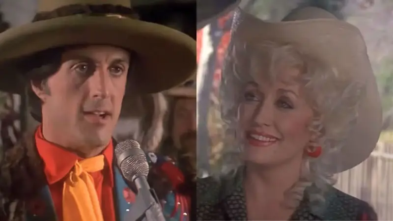 Right: Sylvester Stallone and Left: Dolly Parton in Rhinestone.