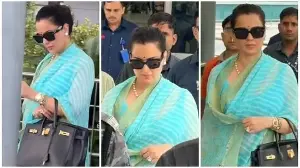 Kangana Ranaut exudes timeless elegance in sky blue leheriya saree with pearl and diamond jewellery at airport: Watch