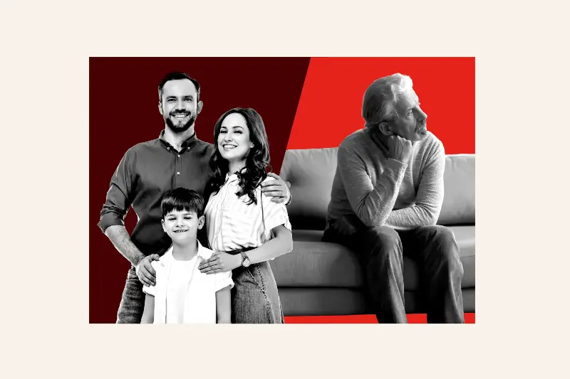 An illustration of a young family and an older adult.