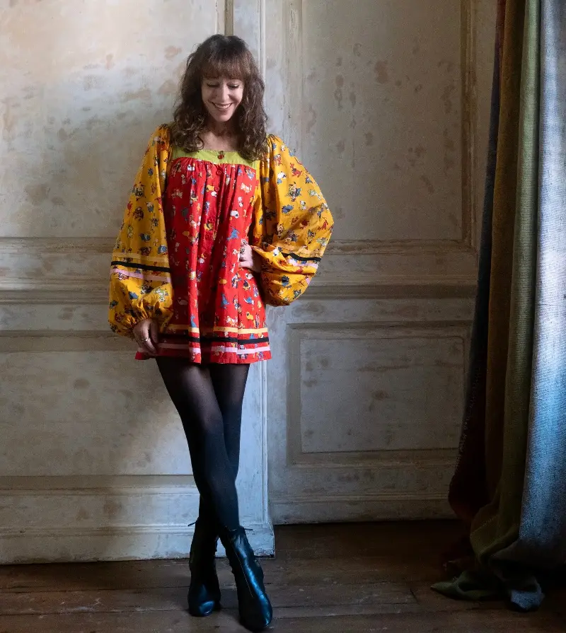 Artist Annie Morris in her vintage Jeff Banks dress - Maude Kahn