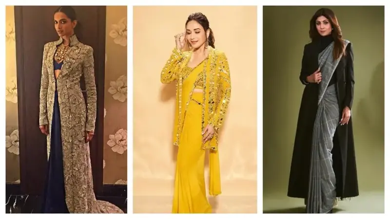 Deepika Padukone, Madhuri Dixit, and Shilpa Shetty show how chic outerwear, like jackets or capes, can look with sarees.
