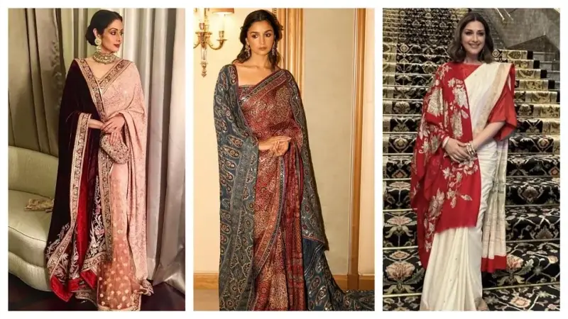 To complement the silhouette of a saree, you can drape a shawl, as Sridevi, Alia Bhatt, and Sonali Bendre have done, adding a layer of chic elegance. 