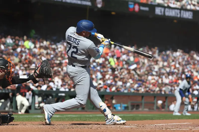 Miguel Rojas #72 of the Los Angeles Dodgers hits an RBI single in the top of the fourth inning against the San Francisco Giants at Oracle Park on September 26, 2026 in San Francisco, California. (Photo by Lachlan Cunningham/Getty Images)