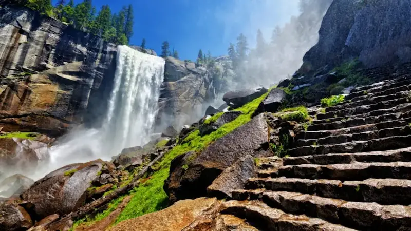 Heavy spray from Vernal Falls along the Mist Trail in early summer, Yosemite National Park