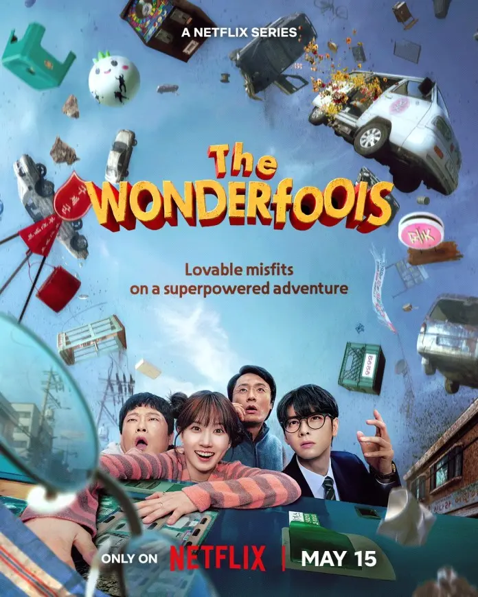 Promotional poster for 'The Wonderfools,' a Netflix series featuring a group of misfits on a superpowered adventure, with various objects and vehicles floating in the air.