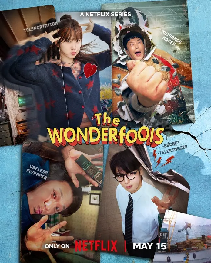 Promotional poster for 'The Wonderfoos', a Netflix series featuring four characters with unique abilities: teleportation, nuisance-making, useless flypaper, and secret telekinesis.