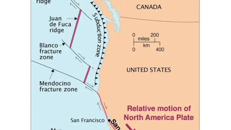 A map showing the locations of the Cascadia subduction zone and San Andreas fault in western North America.