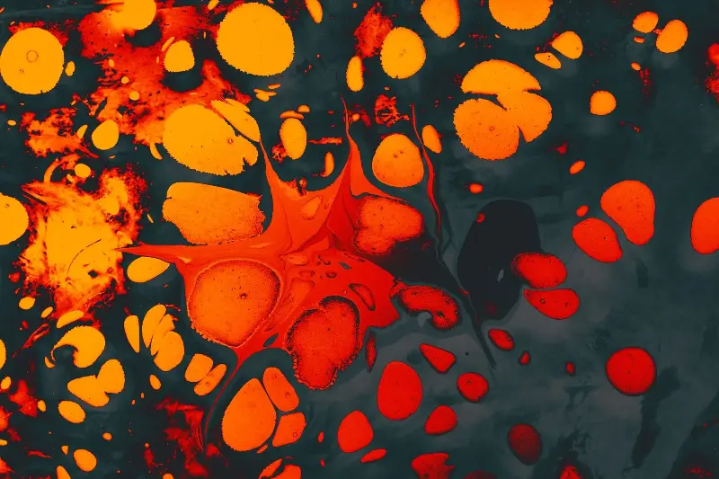 Dynamic abstract artwork with bold orange and black patterns creating a vivid visual impact.