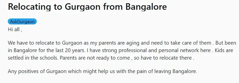 A Reddit user's post about relocating from Bengaluru to Gurgaon. 