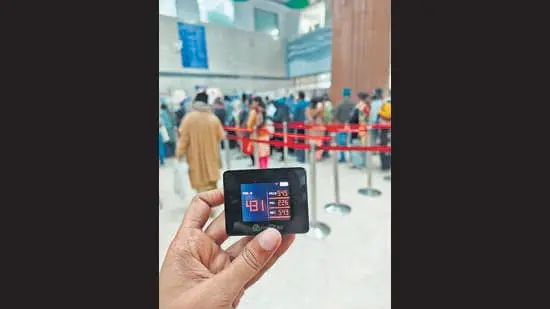 At AIIMS, PM2.5 levels fluctuated between around 100µg/m³ and as high as 431µg/m³. (HT Photo)