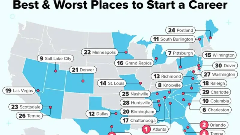 Best & Worst Places to Start a Career map