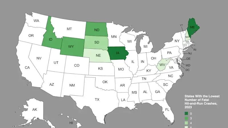 Map shows the 10 states with the lowest total number of fatal hit-and-runs in 2023