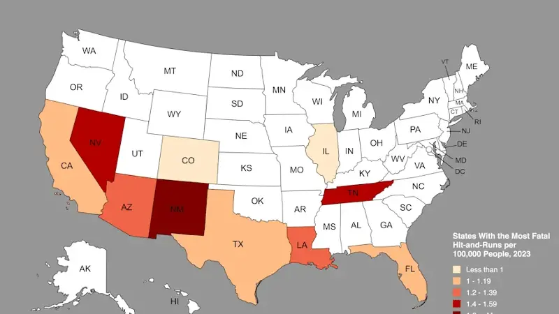 Map shows the 10 states with the most fatal hit-and-run accidents per 100,000 people